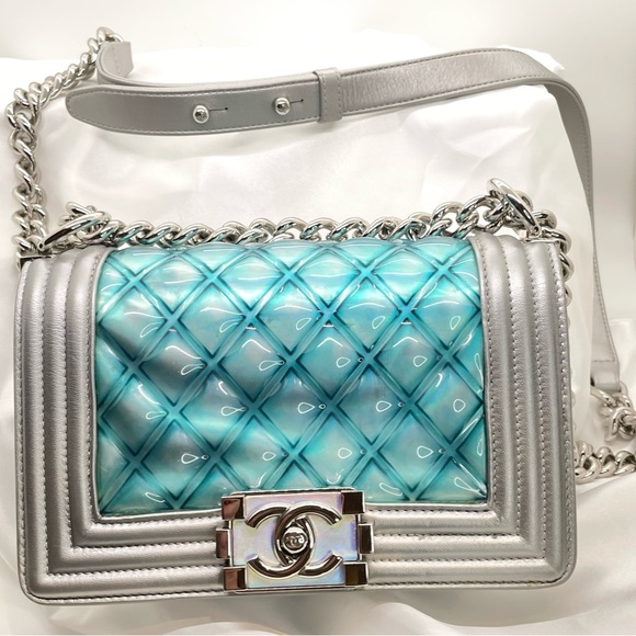 CHANEL Handbags - ***SOLD*** Chanel Boy Flap Bag Quilted Holographic PVC Small Blue & Silver